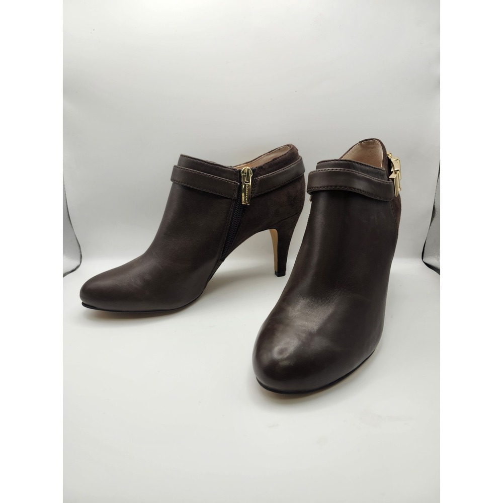Vince Camuto Vanna Brown Leather Suede Ankle Boots Gold Buckle VP-VANNA 6M